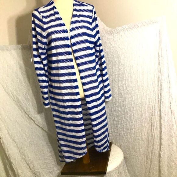 Chico’s Bue & White open striped swim cover-up cardigan duster Size 3 (L) - Picture 1 of 12
